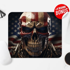 May include: A robotic skull with a red, white, and blue paint scheme, resembling the American flag, against a blurred background of the American flag.