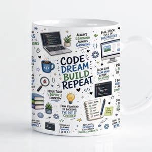 Może przedstawiać: Biały ceramiczny kubek z kolorowym nadrukiem graficznym z napisem "CODE DREAM BUILD REPEAT" w otoczeniu ilustracji laptopa, monitora komputerowego, filiżanki kawy, żarówki, książek oraz różnych symboli związanych z programowaniem.