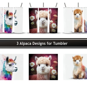 Alpaca Designs Bundle, Alcohol Ink, Colorful Alpaca Cria Cute Watercolor, Set of 3 Wrap PNG for 20 oz Skinny Tumbler Sublimation