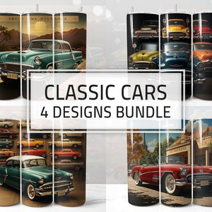 Classic Cars Designs Bundle for Tumbler, Colored Old Collection Cars Images, Set of 4 Wrap PNG for 20oz Skinny Tumbler Sublimation