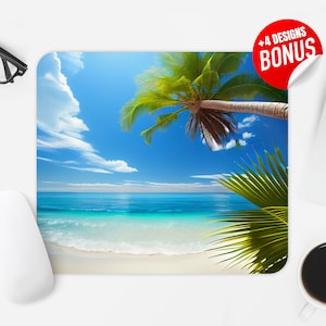 May include: A tropical beach scene with a palm tree, blue water, and white sand. The image is perfect for a mousepad or desk mat.