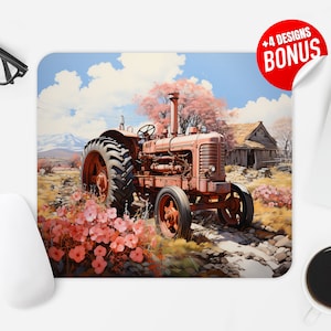 Pink Farm Tractor Pad Sublimation Design, Farmhouse 3D Design Computer Mouse Pad PNG Image, Printable Square Mouse Pad Template