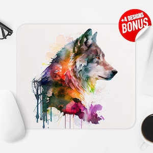 Wolf Mouse Pad Sublimation Design, Watercolor Patriotic Jungle Wolf Computer Mouse Pad PNG Image, Mouse Pad Template, Digital Download