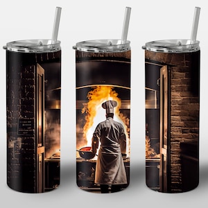 Chef Design for Tumbler, Alcohol Ink Art, Chef Cooking in Old Vintage Fire Kitchen, STRAIGHT 20oz Skinny Tumbler Wrap Sublimation
