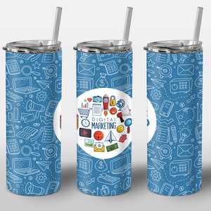 May include: A blue tumbler with a white lid and straw. The tumbler features a repeating pattern of white digital marketing icons and the words "DIGITAL MARKETING" in a white circle.