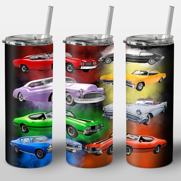 Classic Cars Design for Tumbler, Colorful Smoke Black Background Old Collection Cars, STRAIGHT 20oz Skinny Tumbler Wrap Sublimation