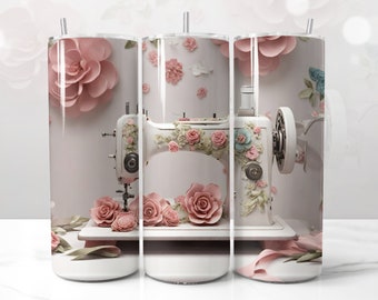 3D Sewing Tumbler Wrap, 3D Floral Sewing Machine 20oz Tumbler Sublimation Wrap, Digital Download Mug PNG
