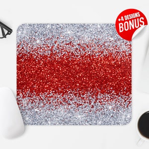 Red Glitter Mouse Pad Sublimation Design, Ombre Silver Glitter Computer Mouse Pad PNG Image, Mouse Pad Template, Digital Download