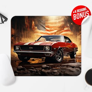 3D Muscle Car Pad Sublimation Design, USA Flag Fire Muscle Car Computer Mouse Pad PNG Image, Printable Square Mouse Pad Template