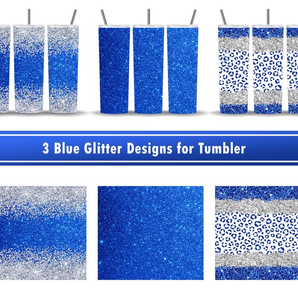 Blue Glitter Designs Bundle for Tumbler, Silver Leopard Ombre Gradient Design, Set of 3 Wrap PNG for 20 oz Skinny Tumbler Sublimation