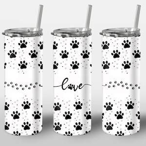 Love Paw Print Design voor Tumbler, Black & White Pet Lovers Design, PNG Image, STRAIGHT 20oz Skinny Tumbler Wrap Sublimatie
