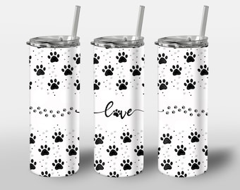 Love Paw Print Design for Tumbler, Black & White Pet Lovers Design, PNG Image, STRAIGHT 20oz Skinny Tumbler Wrap Sublimation