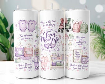 Twin Mom Tumbler Wrap PNG, Watercolor Baby Shower 20oz Skinny Tumbler Sublimation Design, Digital Download