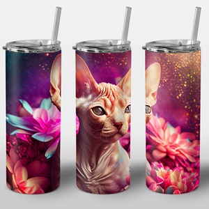 Kitten Floral Design for Tumbler, Alcohol Ink Art, Cute Baby Sphynx Devon Rex Cat Flowers, STRAIGHT 20oz Skinny Tumbler Wrap Sublimation