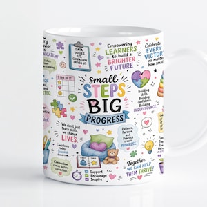 Op de afbeelding: Een witte keramische mok met een kleurrijk grafisch ontwerp met de tekst "small STEPS BIG PROGRESS" omringd door illustraties van een teddybeer, een zitzak, een klembord, puzzelstukjes en diverse motiverende zinnen.