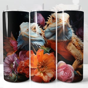 Bearded Dragon Flowers Design for Tumbler, Alcohol Ink Art, Desert Brown Lizard Reptilian, STRAIGHT 20oz Skinny Tumbler Wrap Sublimation