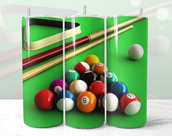 Pool Billiards Design for Tumbler, Pocket Snooker Green Table Balls, STRAIGHT 20oz Skinny Tumbler Wrap Sublimation