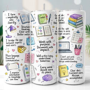 May include: A white cylindrical tumbler featuring a colorful pattern of office supplies, books, and motivational text including phrases like I turn complexity into clarity, Words with purpose, and Clear docs. Confident users. Mission accomplished.