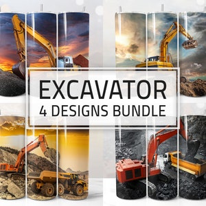 May include: A set of four digital designs featuring different images of excavators working on construction sites. The designs are perfect for creating custom tumblers, mugs, or other personalised items.