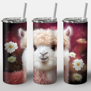 Alpaca Floral Design for Tumbler, Alcohol Ink Art, Cute Baby Alpaca Cria Flowers, STRAIGHT 20oz Skinny Tumbler Wrap Sublimation