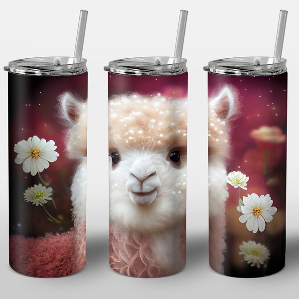 Alpaca Floral Design for Tumbler, Alcohol Ink Art, Cute Baby Alpaca Cria Flowers, STRAIGHT 20oz Skinny Tumbler Wrap Sublimation