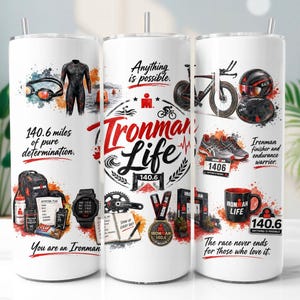 Ironman Triathlon Tumbler Wrap PNG, Motivational 20oz Skinny Tumbler Sublimation Design, Digital Download image 1