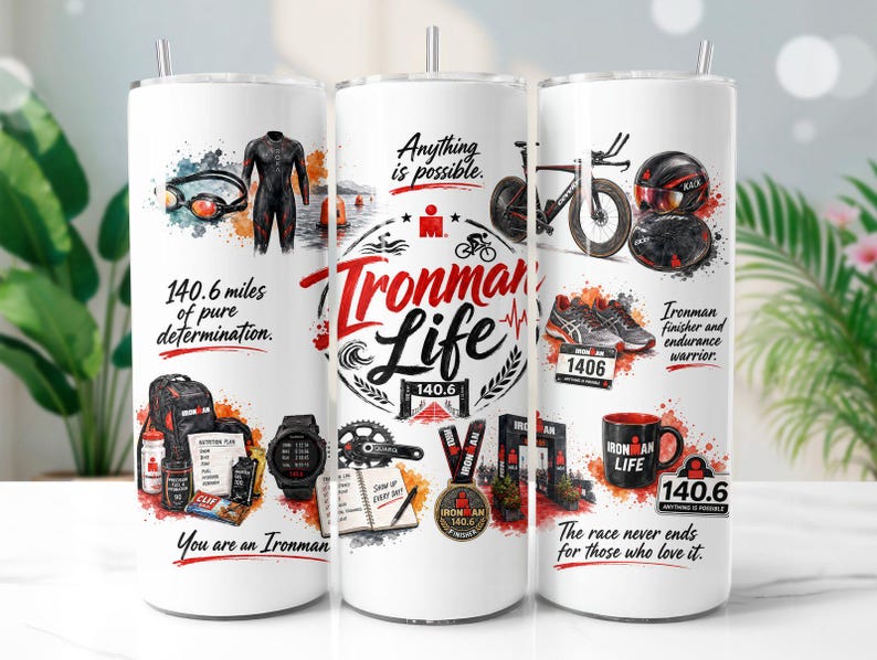 Ironman Triathlon Tumbler Wrap PNG, Motivational 20oz Skinny Tumbler Sublimation Design, Digital Download image 1