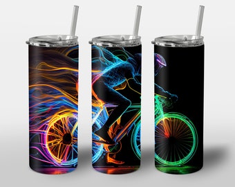 Neon Cycling Design for Tumbler, Alcohol Ink Art, Neon Rainbow Bicycle Rider Lights, STRAIGHT 20oz Skinny Tumbler Wrap Sublimation