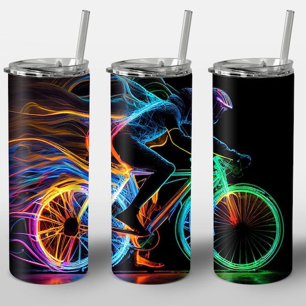 Neon Cycling Design for Tumbler, Alcohol Ink Art, Neon Rainbow Bicycle Rider Lights, STRAIGHT 20oz Skinny Tumbler Wrap Sublimation