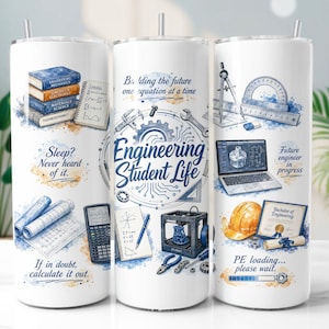 Puede incluir: Vaso blanco con un diseño envolvente que presenta ilustraciones y texto relacionados con la ingeniería. El diseño incluye libros, planos, un portátil, una calculadora y las palabras "Engineering Student Life". El texto adicional incluye "Sleep? Never heard of it" y "If in doubt, calculate it out."