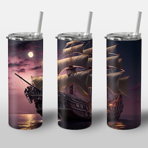 Pirate Ship Design for Tumbler, Alcohol Ink Art, Moon Ocean Ship, STRAIGHT 20oz Skinny Tumbler Wrap Sublimation Design, Digital Image PNG