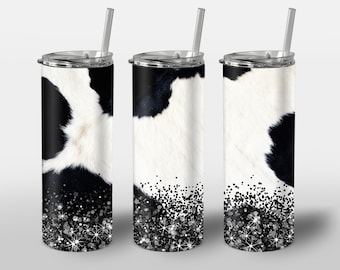 Cowhide Design for Tumbler, Black & White Glitter Cow, PNG Image, STRAIGHT 20oz Skinny Tumbler Wrap Sublimation