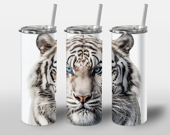 White Tiger Design for Tumbler, Alcohol Ink Art, Snow Tiger Face With Blue Neon Eyes, STRAIGHT 20oz Skinny Tumbler Wrap Sublimation