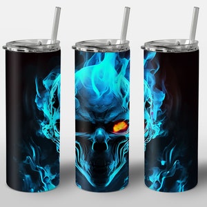 Neon Blue Skull Design per Tumbler, Alcohol Ink Art, Alien Red Fire Smoke Neon Lighting Eyes, STRAIGHT 20oz Skinny Tumbler Wrap Sublimation