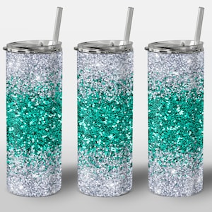 Teal Sliver Glitter Design para Tumbler, Branco Cinza Azul Verde Ombre Gradiente, Imagem PNG, RETA 20 onças Skinny Tumbler Wrap Sublimation