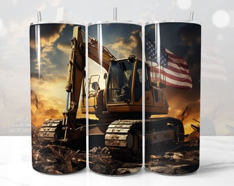 3D Excavator Tumbler Wrap Design, Men Tumbler Design, American Flag Design Alcohol ink, STRAIGHT 20oz Skinny Men Tumbler Wrap Sublimation