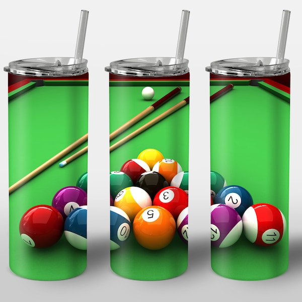 Conception de billard pour gobelet, boules de table vertes de poche de piscine, sublimation droite de 20 oz pour gobelet maigre