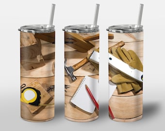 Carpenter Design for Tumbler, Carpenter Wooden Materials Tools Wood Structures Cabinet, STRAIGHT 20oz Skinny Tumbler Wrap Sublimation