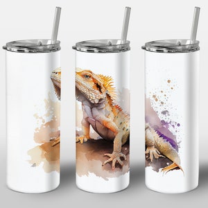Watercolor Bearded Dragon Design for Tumbler, Alcohol Ink Art, Colored Lizard Beardy Paint, STRAIGHT 20oz Skinny Tumbler Wrap Sublimation