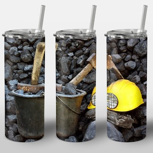 Mining Design for Tumbler, Mining Materials Tools helmet and Axe Tools, STRAIGHT 20oz Skinny Tumbler Wrap Sublimation