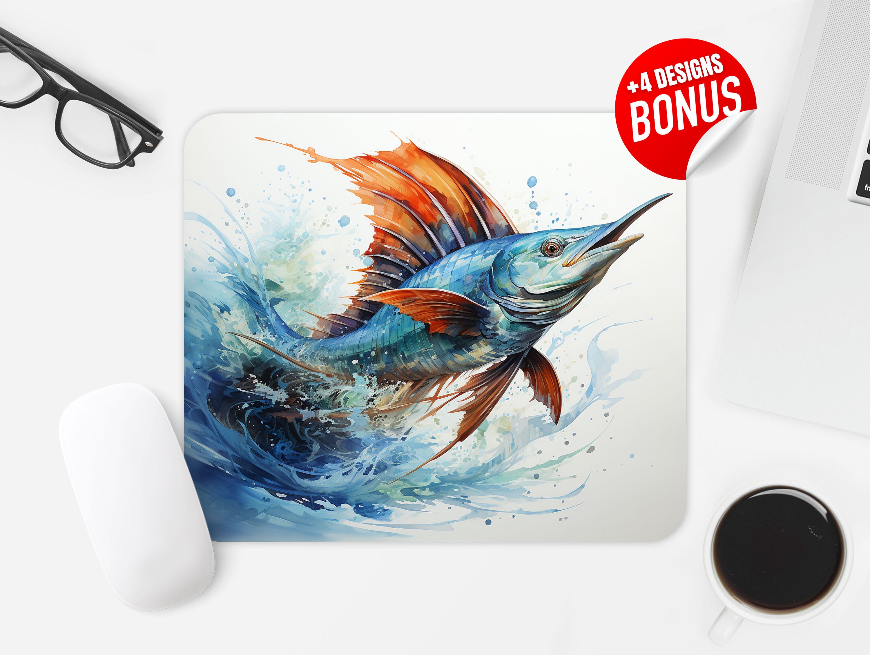Sailfish Mouse Pad Sublimation Design, Colorful Watercolor Nautical Fishing  Computer Mouse Pad PNG, Printable Square Mouse Pad Template 