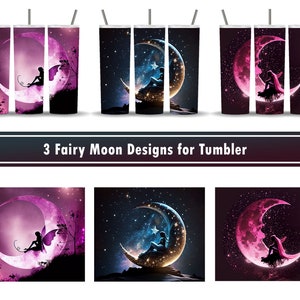Fairymoon Tumbler Designs Bundle, Alcohol Ink, Moon Princess Sitting Glitter Angel, Set of 3 Wrap PNG for 20 oz Skinny Tumbler Sublimation