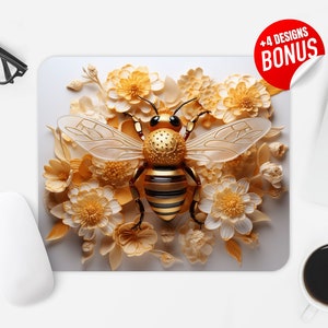 May include: A gold bee with black stripes is surrounded by white and cream paper flowers. The bee has translucent wings and is set against a white background.