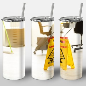 Janitor Caution Design for Tumbler, Janitor Yellow Danger Sign Cleaning Caretaker Materials, STRAIGHT 20oz Skinny Tumbler Wrap Sublimation