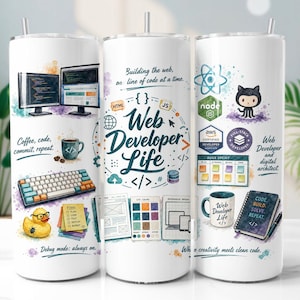 Peut inclure: Un gobelet cylindrique blanc orné de graphismes colorés liés au développement web, incluant des écrans d'ordinateur, un clavier, un canard en plastique, des icônes de code et du texte comme Web Developer Life, Coffee, code, commit, repeat.