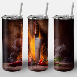 Chef Knife Design for Tumbler, Alcohol Ink Art, Fire Wood Restaurant Chef Cooking Kitchen, STRAIGHT 20oz Skinny Tumbler Wrap Sublimation