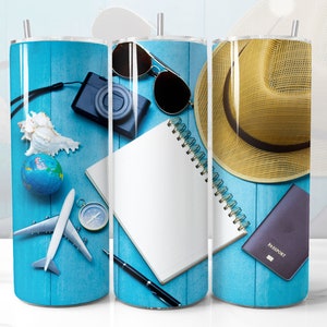 Travel Note Design für Tumbler, Traveling Materials Map Camera Passport, GERADE 20 Unzen Skinny Tumbler Wrap Sublimationsbild