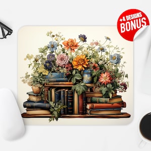 Book Lovers Mouse Pad Sublimation Design, Floral Watercolor Reading Computer Mouse Pad PNG Image, Printable Square Mouse Pad Template