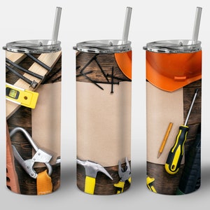 May include: Three stainless steel tumblers with different designs featuring construction tools. The first tumbler has a level, a wrench, a brick, and a carabiner. The second tumbler has a hammer, pliers, and nails. The third tumbler has a hard hat, a pencil, and a screwdriver.