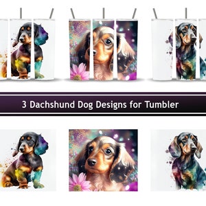 Sausage Dog Designs Bundle, Alcohol Ink, Colorful Puppy Cute Watercolor Paint, Set of 3 Wrap PNG for 20 oz Skinny Tumbler Sublimation